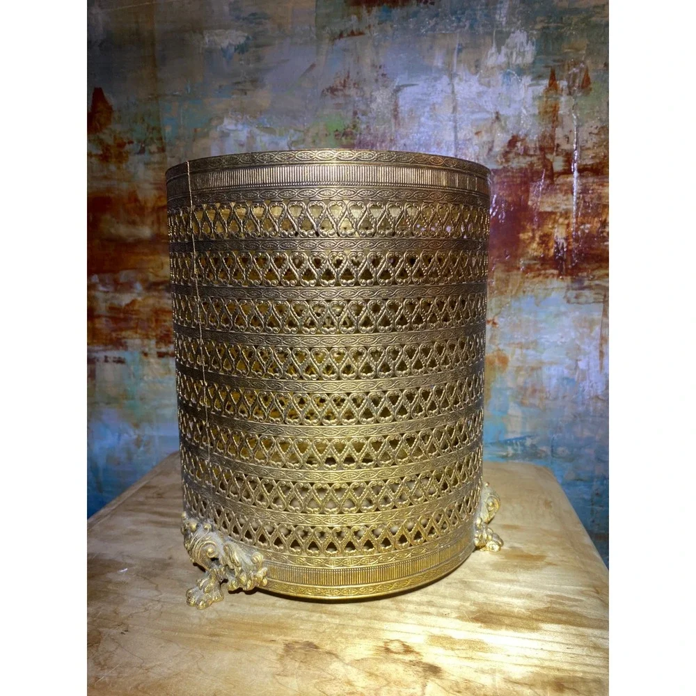 Vintage Ornate Brass Filigree Wastebasket Rose Floral Hollywood Regency 10in